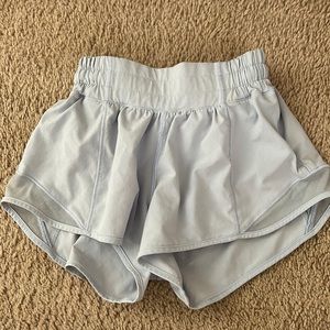 Pastel blue Lululemon 2.5 low rise hotty hot lined shorts